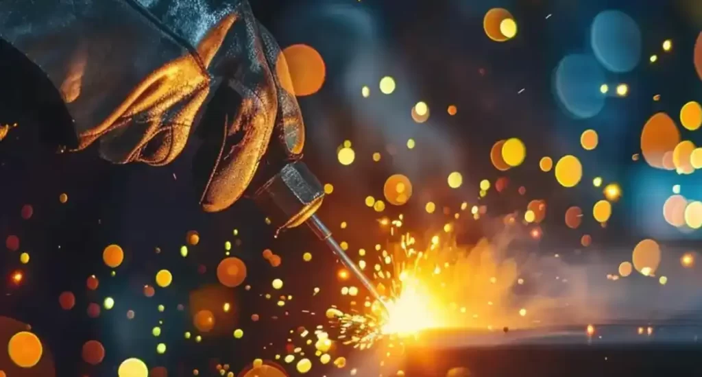 A clear photo of a MIG welding gun tip close to a workpiece, showing the wire feed and gas nozzle.