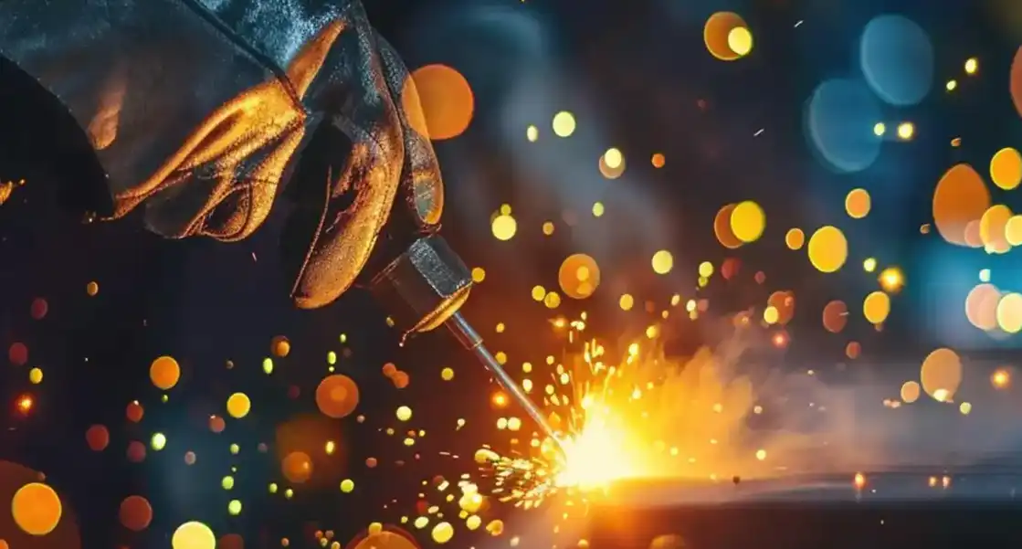 A clear photo of a MIG welding gun tip close to a workpiece, showing the wire feed and gas nozzle.