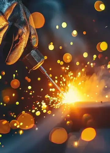 A high-quality shot of a welder's hand feeding a filler rod into a precise, clean TIG weld puddle on stainless steel.