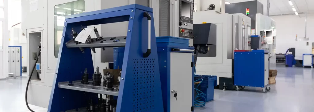 A modern, clean CNC machine in action, perhaps with a robotic arm nearby. Establishes a high-tech, professional tone.