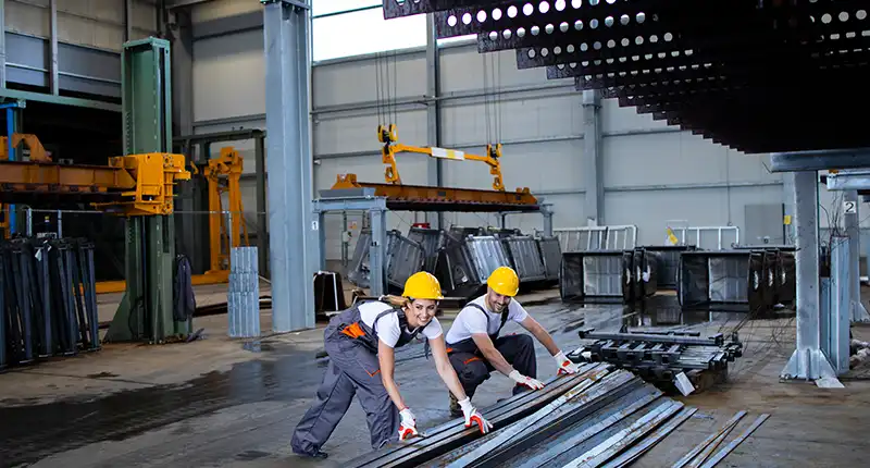 Modern metal fabrication factory interior in Dubai with workers handling steel components under strict ISO 9001 quality processes