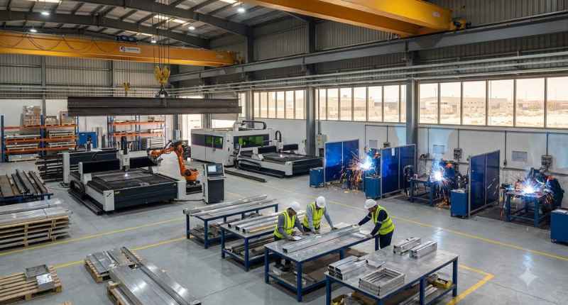 Industrial metal fabrication workshop with CNC cutters, robotic arm, weld booths and workers assembling steel parts