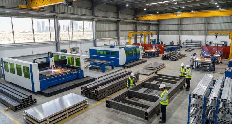 Metal fabrication plant showing CNC laser cutters, stacked steel beams, assembled frames and workers with hard hats and vests