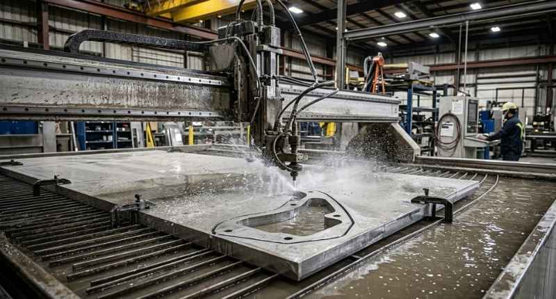 Large industrial waterjet cutting machine slicing thick steel plate in a fabrication shop for precision metal parts