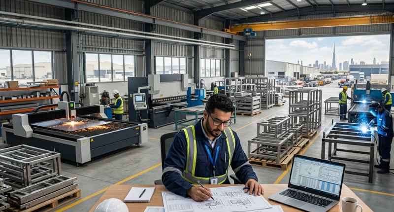 Engineer at desk with blueprints and laptop in a precision metal fabrication workshop with CNC and welding stations
