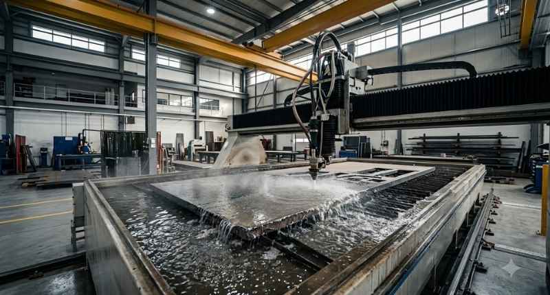 Industrial waterjet cutting machine slicing thick metal plate in a factory workshop for cutting comparison guide